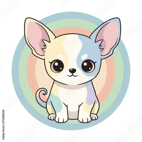 Cartoon Chihuahua puppy sitting with pastel background circles  