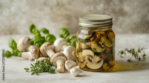 Marinated Button Mushrooms in Jar with Fresh Herbs on White Surface, Generative AI