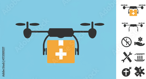 Medical drone delivery, a clear flat vector illustration showcasing an advanced aerial vehicle transporting a vital healthcare package marked with a red cross symbol, isolated.