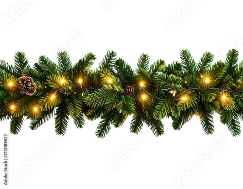 Horizontal Christmas Garland with Golden Lights, Straight Front View, Transparent Background