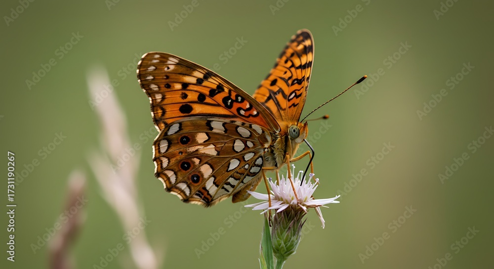 Fototapeta premium Orange and brown butterfly perched on a small white flower in natural environment