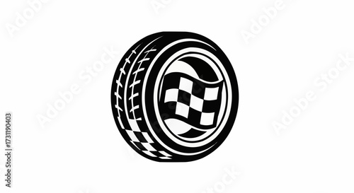 Bold racing tire with checkered flag design evokes speed and competition, perfect for automotive enthusiasts and motorsports promotions, dynamic graphic element