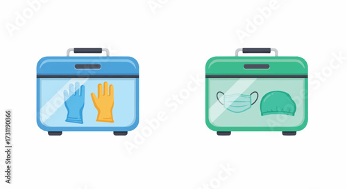 A clean stylized vector icon featuring a white medical glove dispenser box filled with protective blue disposable examination gloves, essential for hygiene and safety in healthcare settings, isolated.