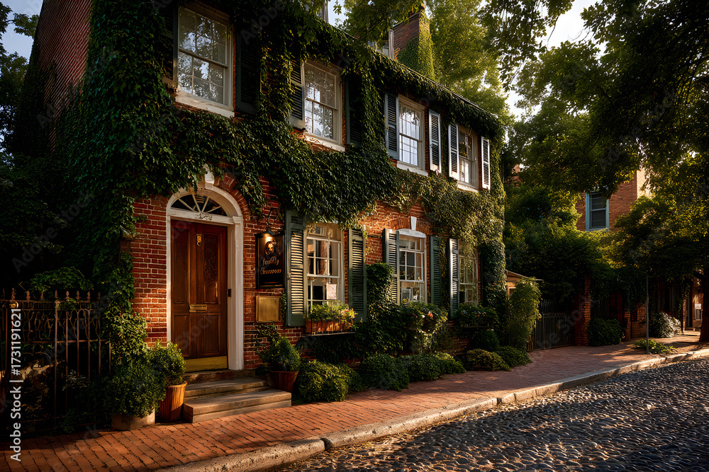 Fototapeta premium Ultra-realistic editorial photograph of a historic brick house covered in greenery during golden hour light