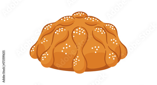 A cartoon drawing of Pan de Muerto with white dots and brown lines