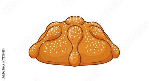 A cartoon Pan de Muerto Day of the Dead bread sits against a white backdrop