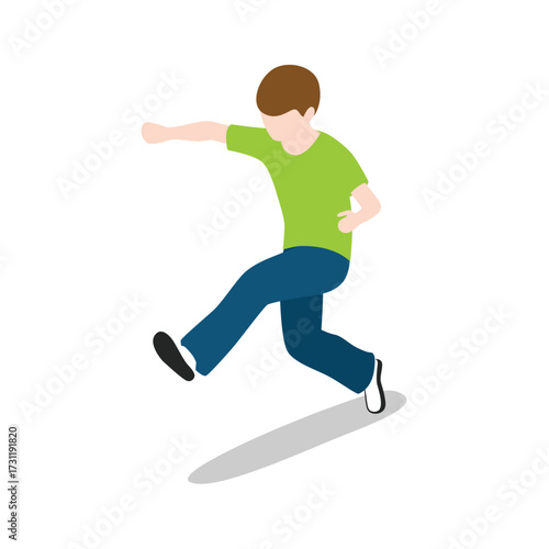 Young boy in a green tshirt and blue pants performing a dynamic martial arts kick, isolated on transparent background, illustrating action, movement, and physical activity with a clean, modern isometr
