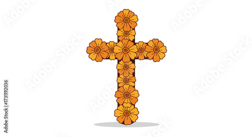 A cross formed by orange flowers stands centered against a white backdrop casting a subtle shadow