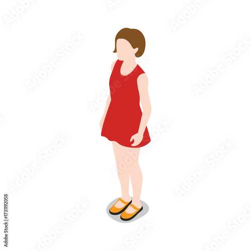 Isometric illustration of a young girl with short brown hair wearing a red sleeveless dress and yellow sandals, standing on a gray circular platform, isolated on transparent background