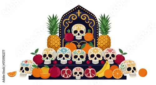 A Day of the Dead altar with skulls pineapples oranges apples pomegranates and bananas
