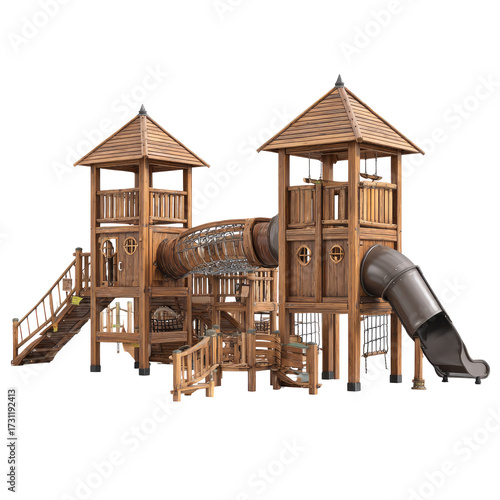 Elaborate wooden playground structure with two towers, slides, climbing features, and connecting bridges
