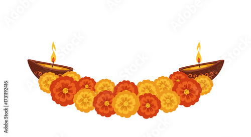 A decorative Diwali arrangement of flowers  lit diyas
