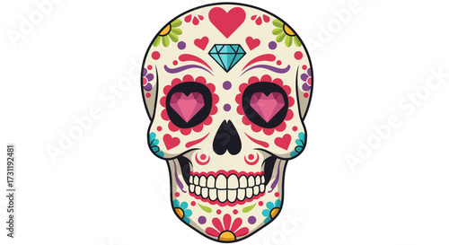 A decorative sugar skull adorned with hearts flowers  a diamond against a white background