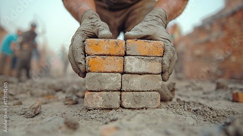 A laborer's hands, covered in dirt and clay, carefully stack freshly molded raw bricks at a brickyard, symbolizing manual work and construction