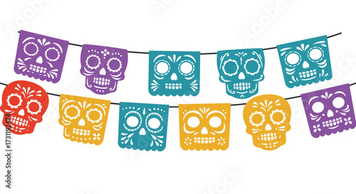 A garland of 10 colorful skull flags strung on a wire