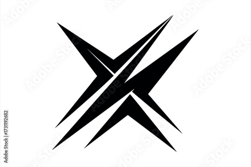 Black abstract sharp geometric shapes intersecting on white background angular