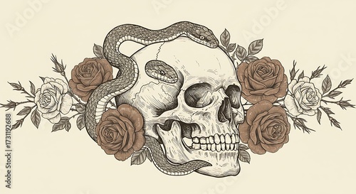Skull with snake and roses illustration on cream background