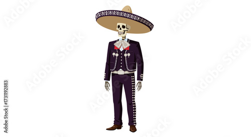 A skeletal figure in a mariachi suit and sombrero stands on a white background