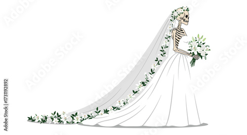 A skeleton bride in a white gown with a floral veil and bouquet stands sideon