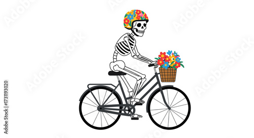 A skeleton cycles with flowers in the front basket wearing a floral helmet