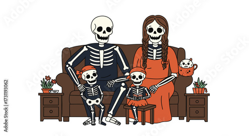 A skeleton family of four on a brown couch with side tables  plants