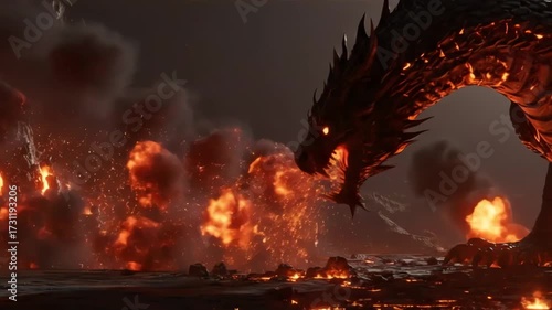 4k image depicts a formidable dragon emerging amidst fiery explosions against a dark, overcast sky, creating a dramatic and visually striking fantasy scene.