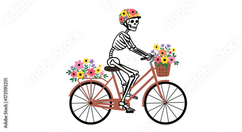A skeleton rides a bike wearing a floral helmet Flowers fill the bikes basket and a rear rack