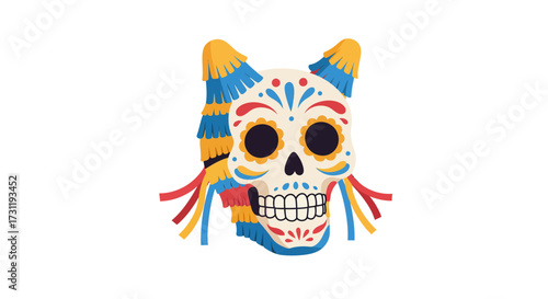 A sugar skull with colorful paper fringe and decorated with floral patterns