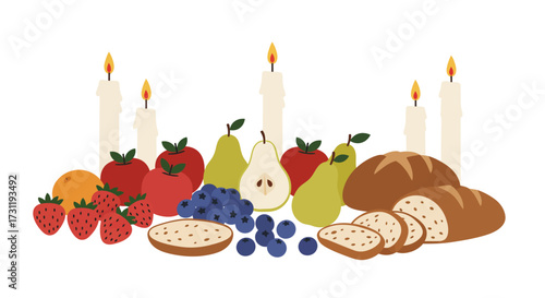 A vibrant display of fruits bread and candles creates a celebratory scene