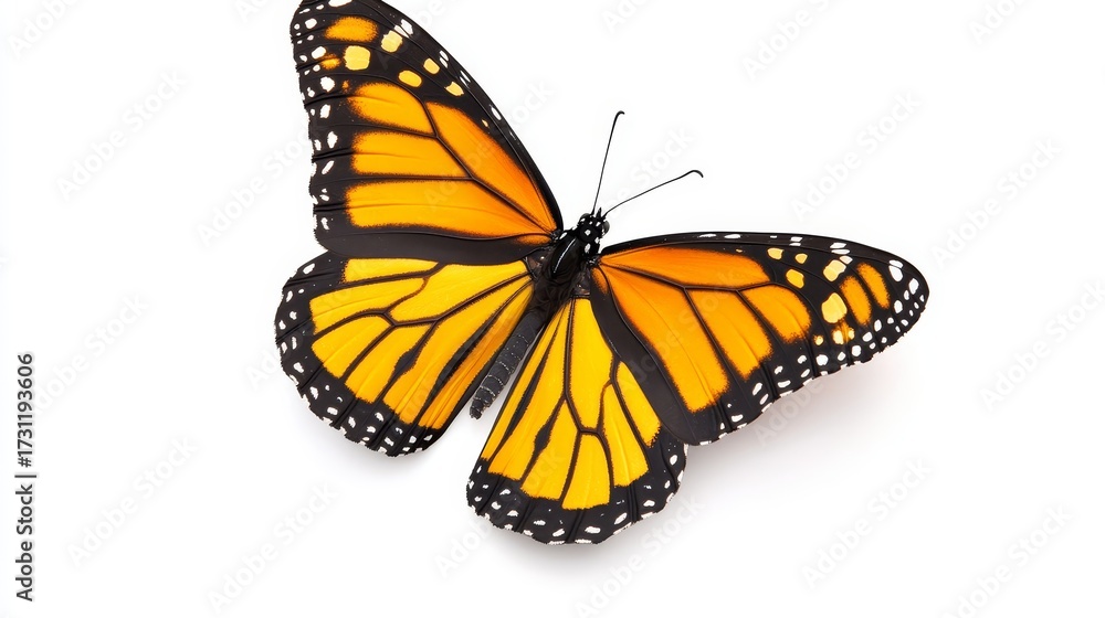 Fototapeta premium Isolated Stunning Monarch Butterfly on White Background - A vibrant monarch butterfly isolated on a white backdrop. Symbolizing transformation, beauty, freedom, nature, and metamorphosis