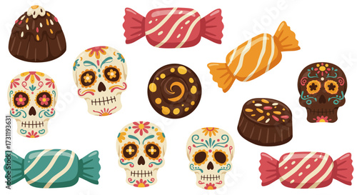 An arrangement of candies and decorated sugar skulls