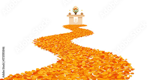 An altar sits at the end of a winding path of orange marigold petals