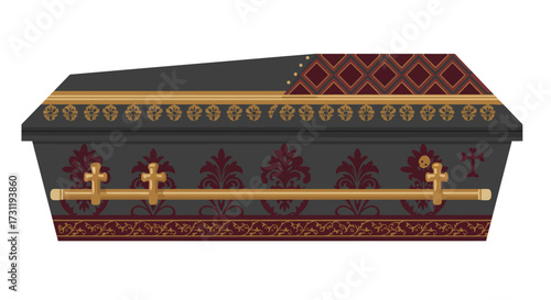 An ornate gray coffin adorned with golden crosses floral patterns and a geometric top