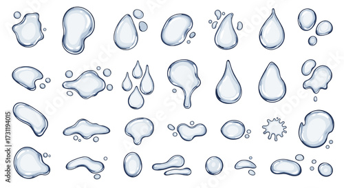 A collection of various clear water drops and splashes in different shapes and sizes.