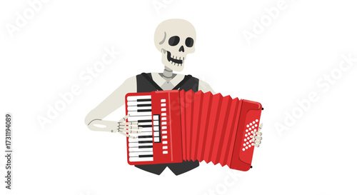 Cartoon skeleton with an accordion wearing a vest against a white background