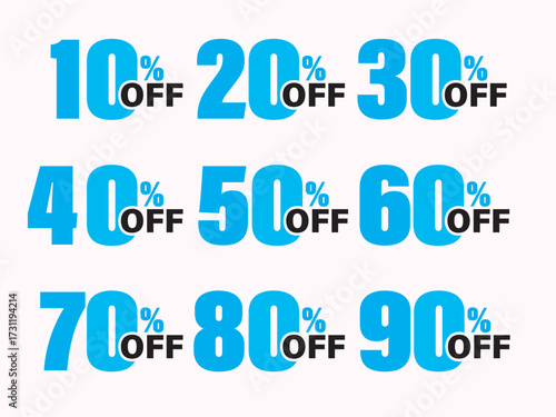 Set of blue bold discount percentages isolated on white background, featuring 10 to 90 off for sales and promotional offers