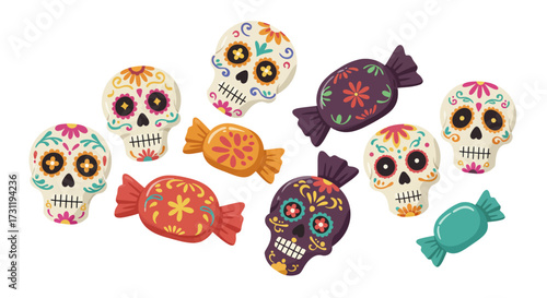 Cartoon sugar skulls and wrapped candies are scattered across a white background