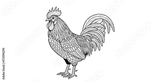 A detailed black and white illustration of a proud rooster standing tall with its tail feathers displayed.