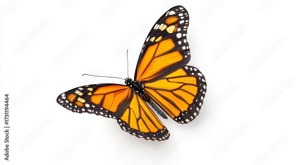 Obraz premium Monarch Butterfly on White Backdrop - A beautiful monarch butterfly with vibrant orange and black wings, isolated on a white background. Symbolizes transformation, hope, freedom, beauty, and nature