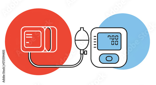 A crisp 2D vector line art illustration depicts an isolated blood pressure cuff and a monitor outline, representing healthcare, wellness, and essential medical diagnostics.