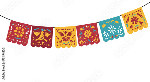 Colorful papel picado string with detailed floral and bird designs hanging on a black string