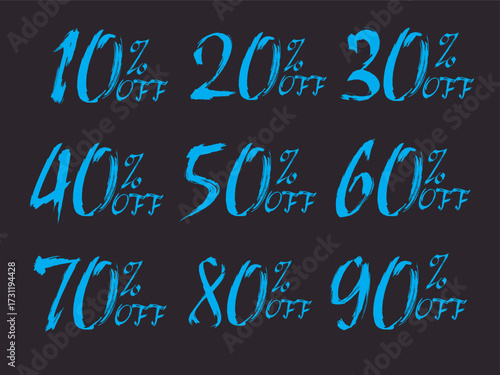 Set of blue brush stroke style discount percentages on dark background, featuring 10 to 90 off for sales and promotional offers