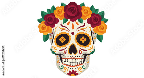 Colorful Day of the Dead sugar skull with flower crown on white background