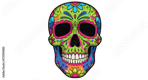 Colorful skull with floral designs pink eye sockets  white teeth displayed on a white background