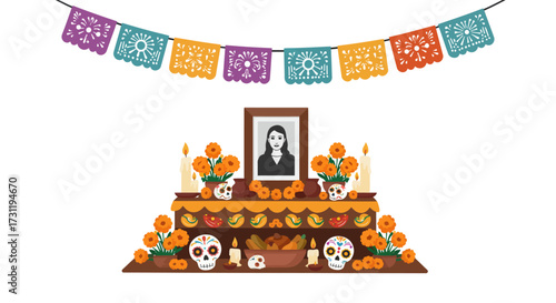 Day of the Dead ofrenda with photo flowers candles skulls and papel picado