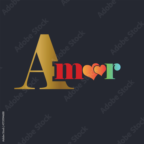 A captivating logo design showcasing the word amor with a golden a and colorful letters, symbolizing love and passion on a dark background
