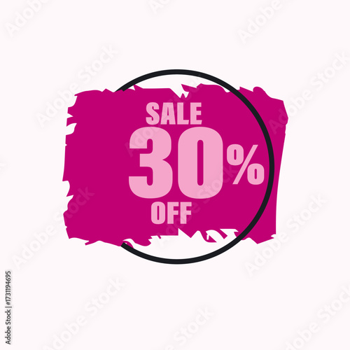 Promotional sale design isolated on white background featuring a vibrant pink brush stroke and a bold 30 off message within a circular frame
