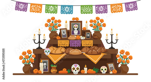 Día de Muertos altar marigolds sugar skulls candles  pan de muerto bread Colorful Papel picado banner above