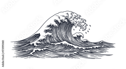 A dramatic ink sketch captures a powerful ocean wave breaking with intricate detail.