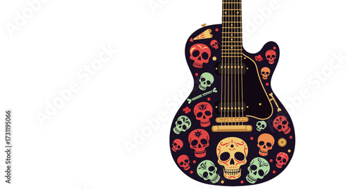 Electric guitar adorned with colorful skull designs against a white background